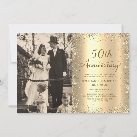 Modern Gold Glitter Photo 50th Wedding Anniversary Einladung (Vorderseite)