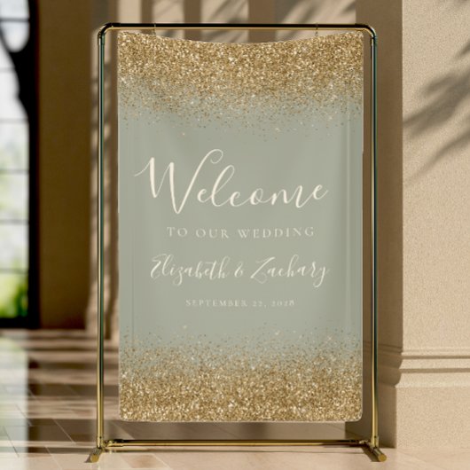 Modern Gold Glitter Sage Green Wedding Welcome Banner