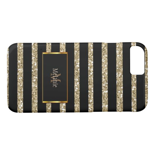 Modern gold Glitzer Black Stripes Monogramm Name Case-Mate iPhone Hülle (Rückseite (Horizontal))
