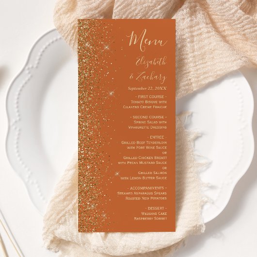 Modern Gold Glitzer Burnt Orange Wedding Menükarte