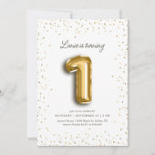 Modern Gold Glitzer Foil Ballon 1. Geburtstag Einladung (Vorderseite)