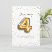Modern Gold Glitzer Foil Ballon 4. Geburtstag Einladung (Stehend Vorderseite)