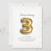 Modern Gold Glitzer Foil Balloon 3. Geburtstag Einladung (Vorderseite)