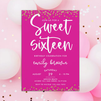 Modern Gold Glitzer Hot Pink Sweet 16 Geburtstag Einladung