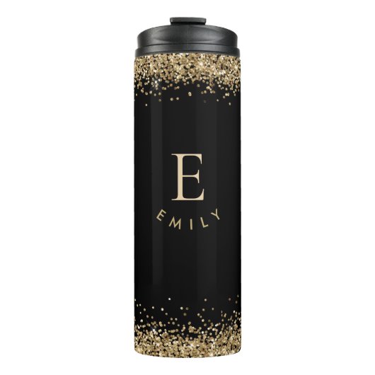 Modern Gold Glitzer Monogram Initial Name Black Thermosbecher (Vorderseite)