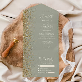 Modern Gold Glitzer Sage Green Wedding All In One Einladung