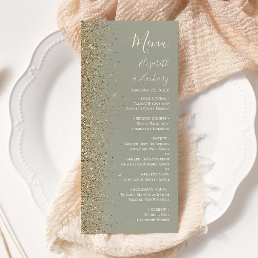 Modern Gold Glitzer Sage Green Wedding Menükarte
