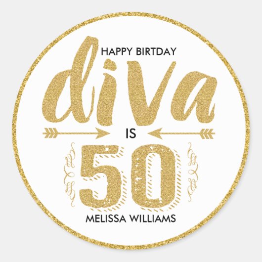 Modern Gold Glitzer Text-Diva ist 50 glücklich Geb Runder Aufkleber (Vorderseite)