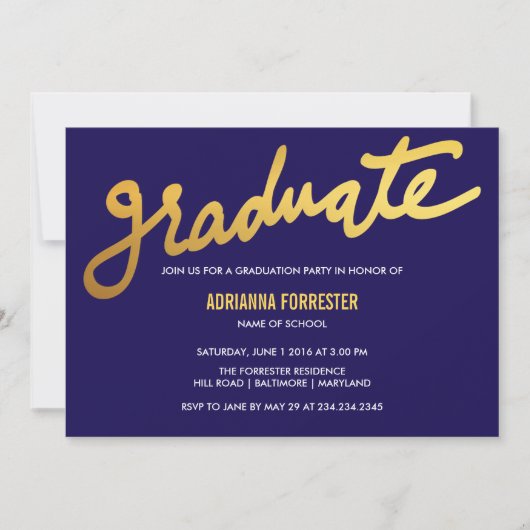 Modern Gold Graduate Typografie Navy Blue Zickzack Einladung (Vorderseite)
