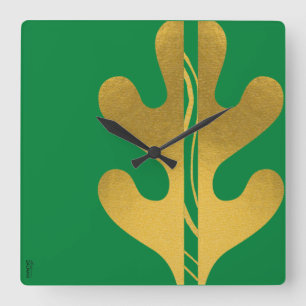 Modern Gold Green Abstrakt Leaf Muster Quadratische Wanduhr