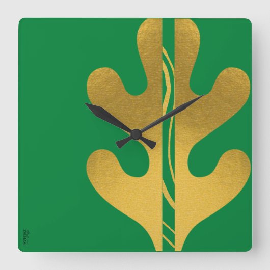Modern Gold Green Abstrakt Leaf Muster Quadratische Wanduhr (Vorderseite)