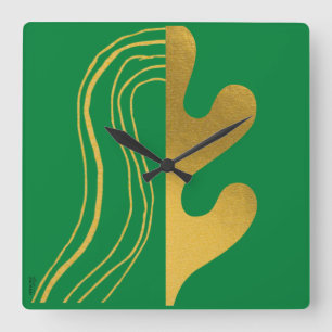 Modern Gold Green Abstrakt Leaf Quadratische Wanduhr