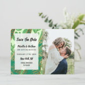 Modern Gold Green Cactus Palm Leaf Geometric Save The Date (Stehend Vorderseite)