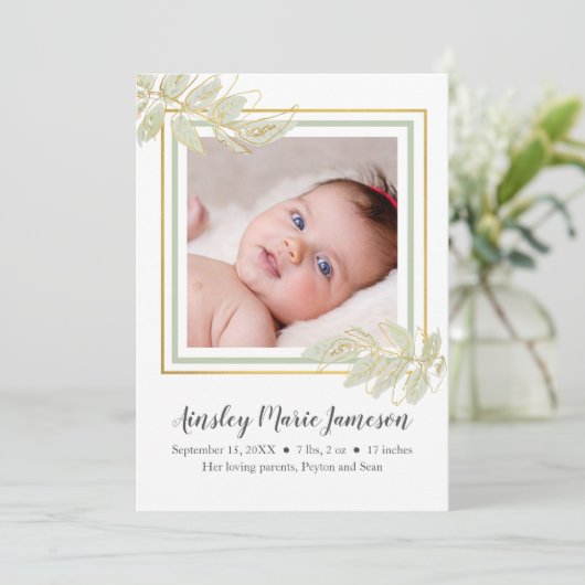 Modern Gold Green White Botanical Baby Girl Birth Ankündigung (Stehend Vorderseite)