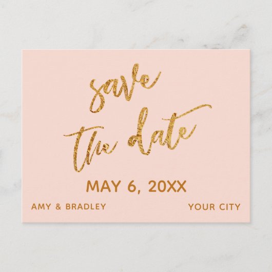 Modern Gold Handschrift Blindpink Save the Date Ankündigungspostkarte (Vorderseite)