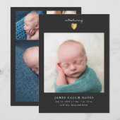 Modern Gold Heart Boy Foto Geburtserklärung Einladung (Vorne/Hinten)