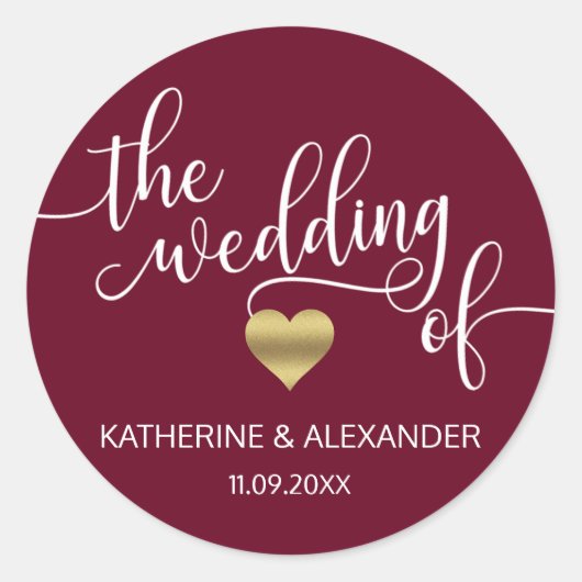 Modern Gold Heart Burgund The WEDDING of Siegel Runder Aufkleber (Vorderseite)