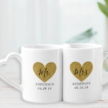 Modern Gold Heart Mr. and Mrs. Newlyweds Wedding Liebestassen<br><div class="desc">Individuell gestaltetes Liebhaber Tasse Set für die Ehepaare/Jungvermählten/Braut und Bräutigam mit moderner Handkalligraphie auf stilvollen Golden Glitzer Herzen. Personalisieren Sie mit Nachname und Hochzeitsdatum.</div>