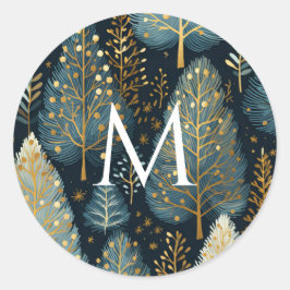Modern Gold Holiday Forest Monogram Weihnachten Runder Aufkleber