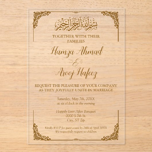 Modern Gold Islamic Wedding Acryleinladungen (Vorderseite)