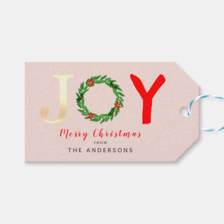 Modern Gold Joy Festive Holly Wreath Light Pink Geschenkanhänger
