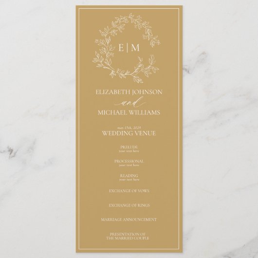 Modern Gold Leafy Wappen Monogram Wedding Program Programm (Vorderseite)