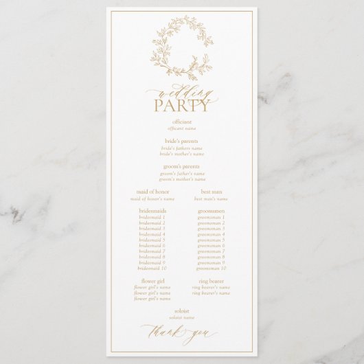 Modern Gold Leafy Wappen Monogram Wedding Program Programm (Rückseite)