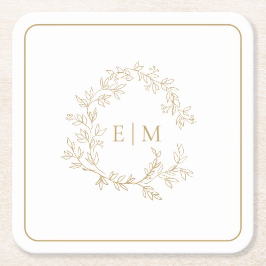 Modern Gold Leafy Wappen Monogram Wedding Square P Rechteckiger Pappuntersetzer (Vorderseite)