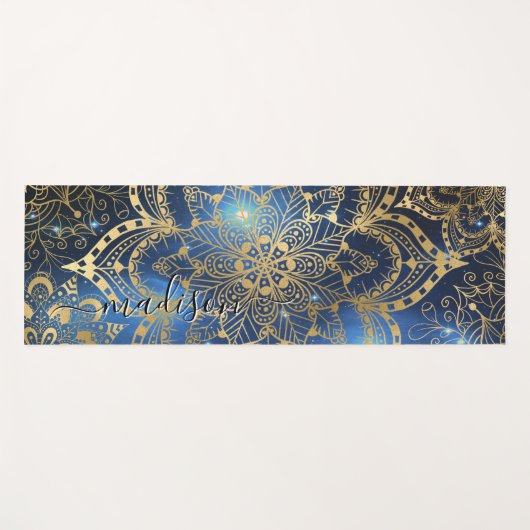 Modern Gold Mandala Blue Nebula Custom Name Yogamatte (Vorderseite (Horizontal))