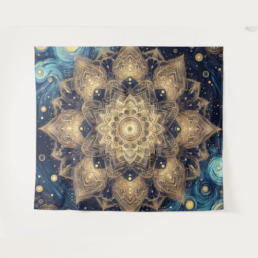 Modern Gold Mandala Blue Starry Night Celestial Wandteppich (Vorderseite (Horizontal))