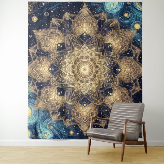 Modern Gold Mandala Blue Starry Night Celestial Wandteppich (Beispiel)