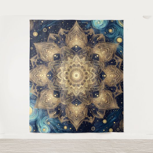 Modern Gold Mandala Blue Starry Night Celestial Wandteppich (Vorderseite)