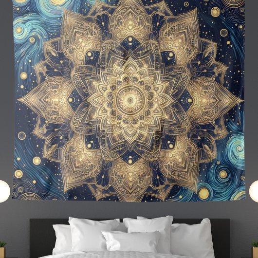 Modern Gold Mandala Blue Starry Night Celestial Wandteppich