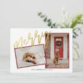 Modern Gold Merry Script Foto Feiertagskarte (Stehend Vorderseite)
