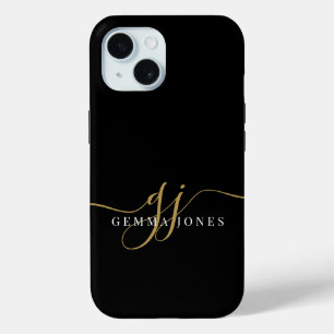 Modern Gold Monogram Feminine Script Name Black Case-Mate iPhone Hülle