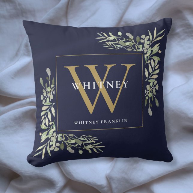 Modern Gold Monogram Greenery Navy Blue Kissen (Modern Gold Monogram Greenery Navy Blue Throw Pillow)