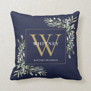 Modern Gold Monogram Greenery Navy Blue Kissen