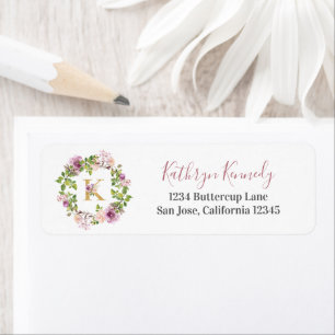 Modern Gold Monogram K Watercolor Floral Address