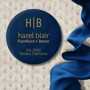 Modern Gold Monogram Logo Blue Squares Muster Button