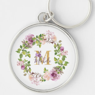 Modern Gold Monogram M Watercolor Floral Wreath Schlüsselanhänger