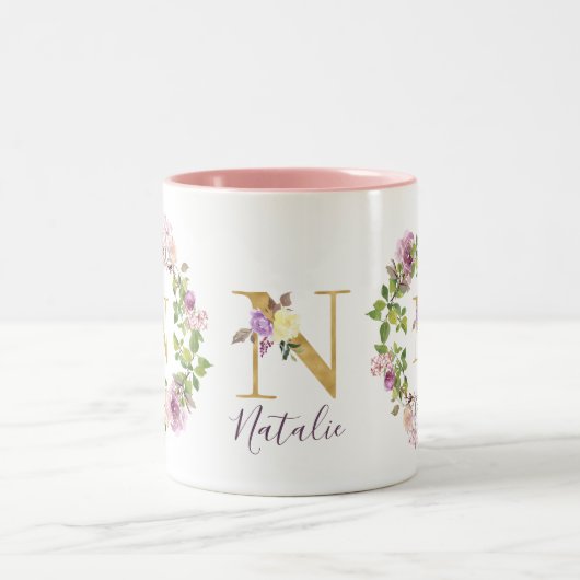 Modern Gold Monogram N Wasserfarben Blumenkraut Zweifarbige Tasse (Mittel)
