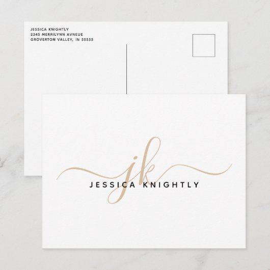 Modern Gold Monogram Script Initials Minimalistisc Postkarte (Vorne/Hinten)