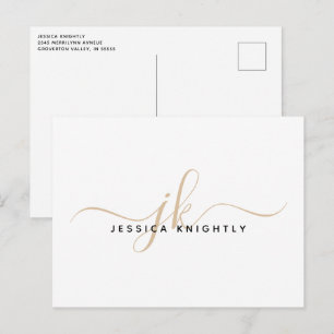 Modern Gold Monogram Script Initials Minimalistisc Postkarte