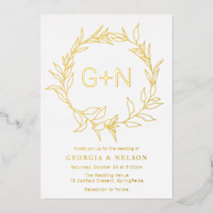 Modern Gold Monogram Verlassen Wreath Wedding Gold Folieneinladung