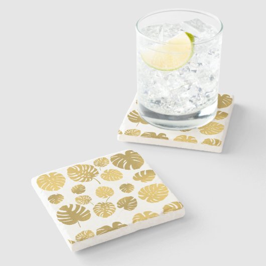 Modern Gold Monstera Tropical Blätter Muster Steinuntersetzer (Seitenansicht)