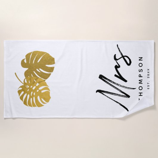 Modern Gold Monstera Tropical Blätter Script Strandtuch (Vorderseite)