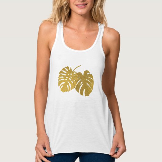 Modern Gold Monstera Tropical Leaf Tank Top