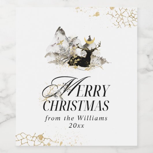 Modern Gold Moon Magic Forest Christmas Deer Weinetikett (Einzelnes Label)