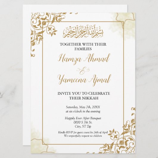 Modern Gold Muslim Islamische Hochzeit Nikkah Einladung (Vorne/Hinten)