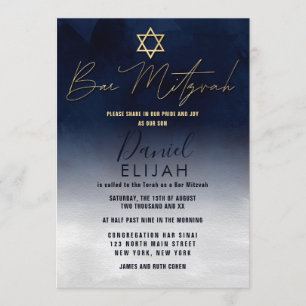 Modern Gold Navy Blue White Watercolor Bar Mitzvah Einladung